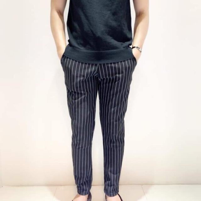 black pants with checkered stripe