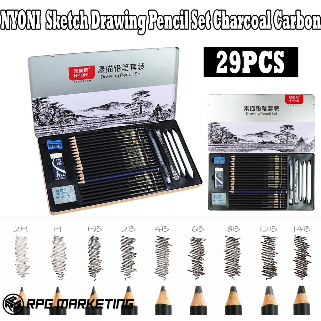 NYONI 29pcs Sketch Drawing Pencil Set Charcoal Carbon Pen Wood Painting