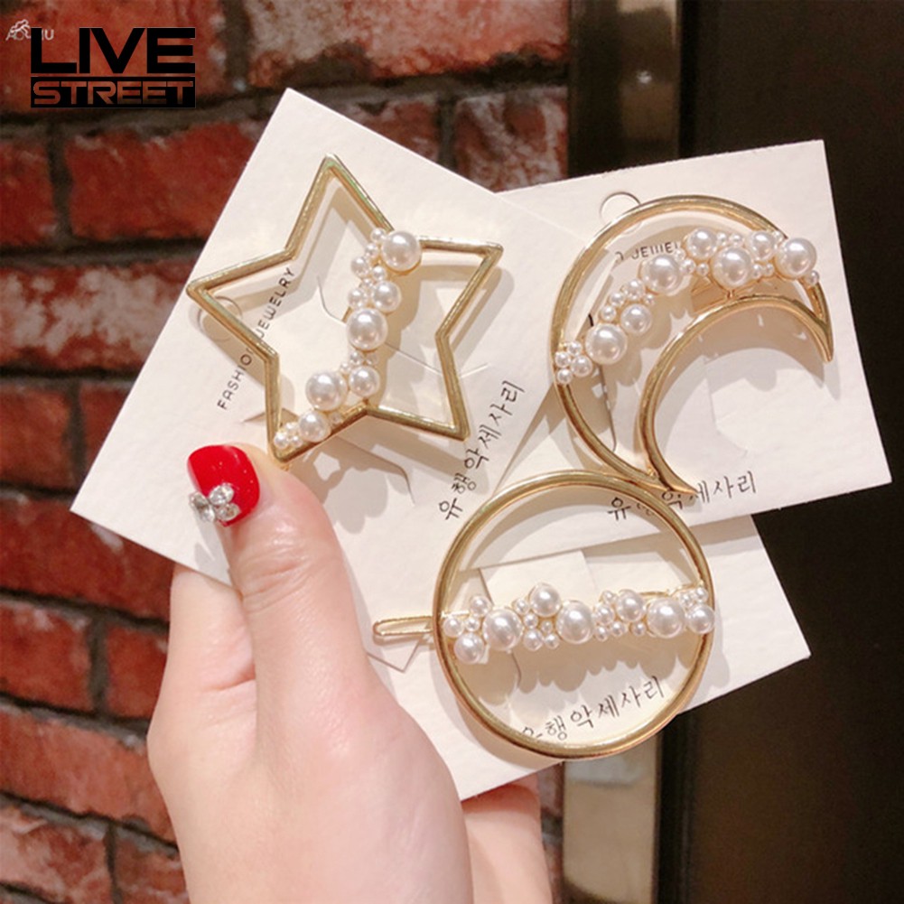 Live Moon Star Circle Faux Pearl Hair Clip Hairpin Barrette