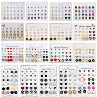 12/20Pairs Korean Crystal Rhinestone Pearl Earrings Set Stud Fashion Jewelry Set Women Wholesale