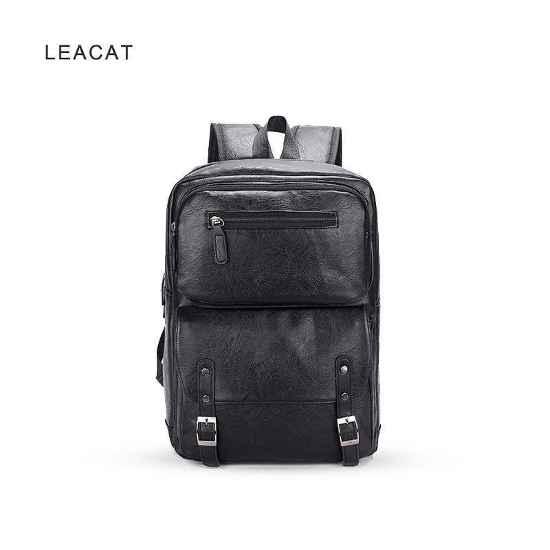 Leacat Casual Leather Backpack Waterproof Business Laptop Bag For Men