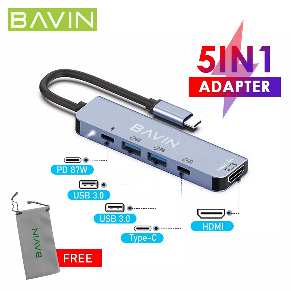 5in1 Adapter 87W TypeC w/ Dual USB 3.0 Plus HDMI for Mobile Laptop