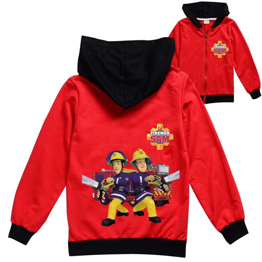 Boys Girls Kids Cartoon Anime Fireman Sam Printed Casual Long Sleeves Zipper Hooded Jacket Coat