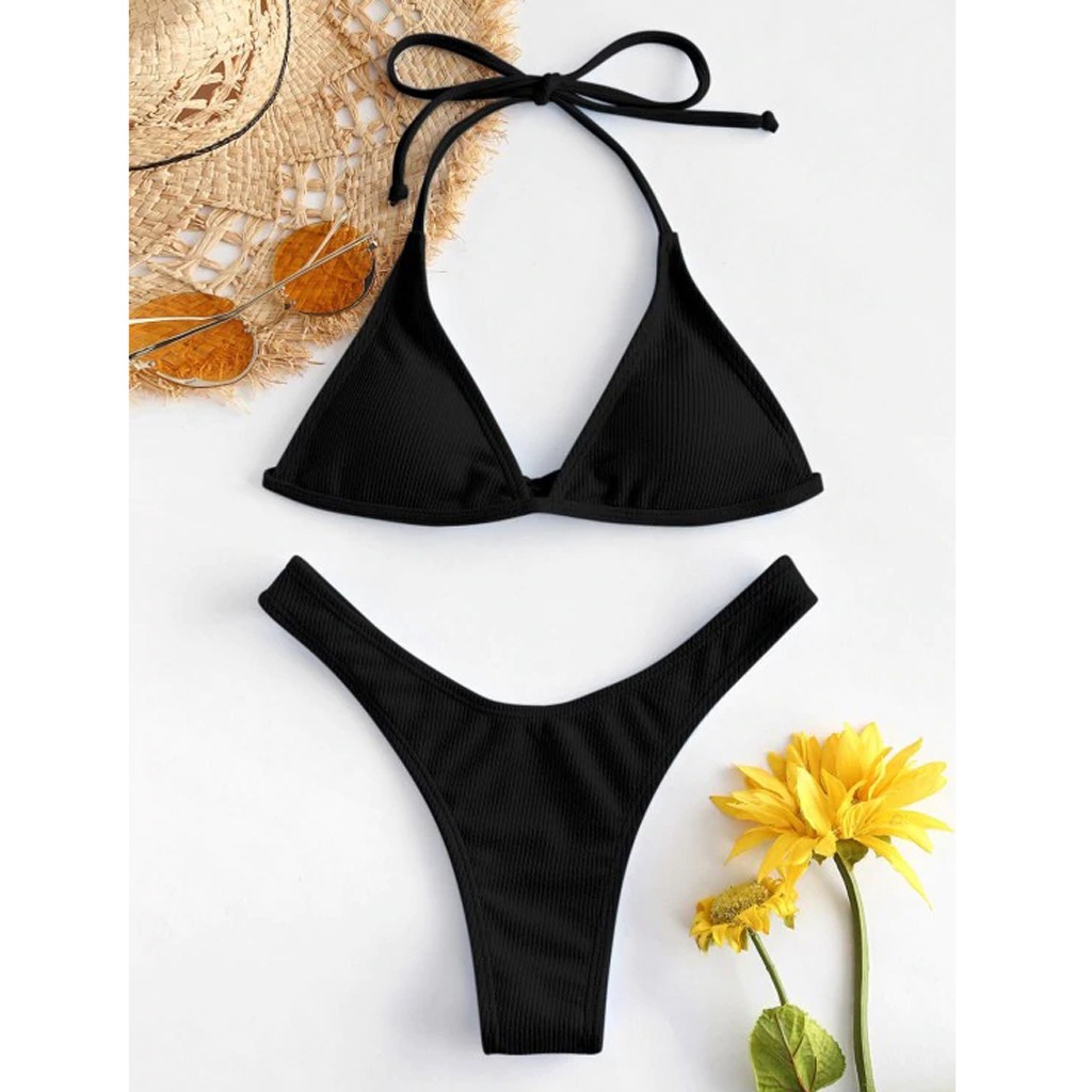 [Ladymiss] Women Sexy Solid Push Up High Cut Lace Up Halter Bikini Set Two  Piece Swimsuit | Shopee Philippines