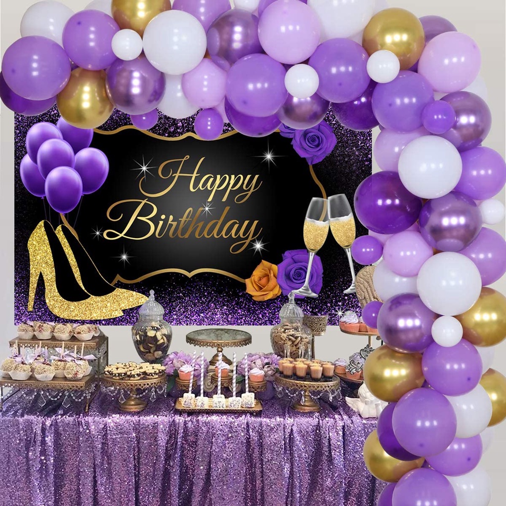 JOYMEMO Purple and Gold Party Decorations for Women Adults Happy Birthday Backdrop Party Supplies Purple Gold Balloon Garland Arch Kit Purple Happy Birthday Decor