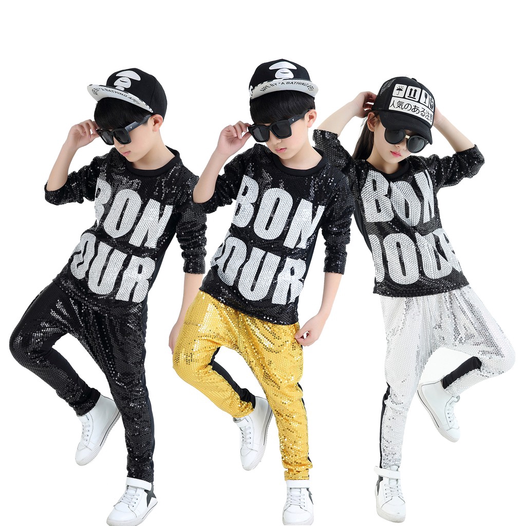 Girls Boys Sequins Hip Hop Clothing Set Street Dance Costume Ballroom