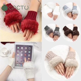 CACTU Women Girls Faux Rabbit Hair Gloves Winter Knitted Gloves Warm Mittens Elastic Half Finger Keep Finger Warm Fashion Thicken Warm/Multicolor