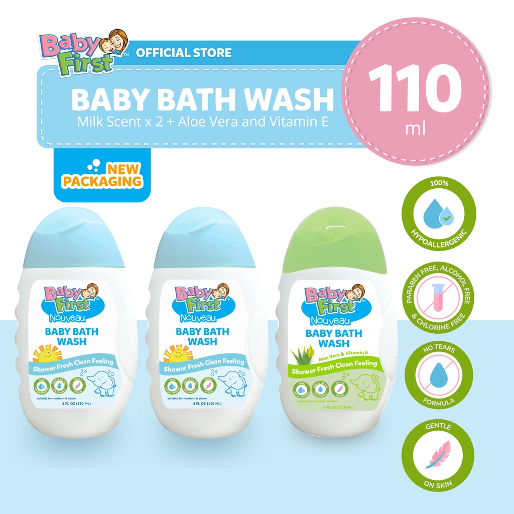 Baby First Nouveau Baby Bath Wash 110ml Milk Scent 2 Bottles +  Aloe Vera and Vitamin E Scent