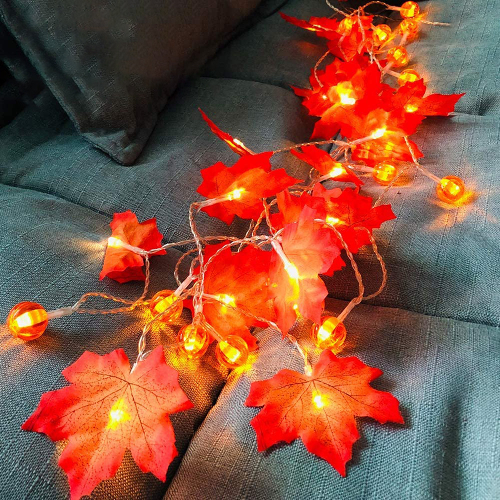 1.5/3m Fall Red Maple Leaf Pumpkin String Lights Garland/Halloween Christmas LED Warm Yellow Fairy Lights/Birthday Party Wedding Xmas Home INS Decorations