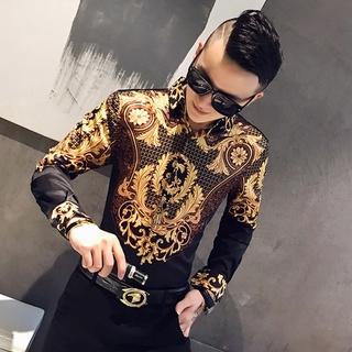 Luxury Paisley Black Gold Printed Shirt Men's Royal Club Clothing Korean Men's Slim Long Sleeve Shirt Tuxedo Shirt #5