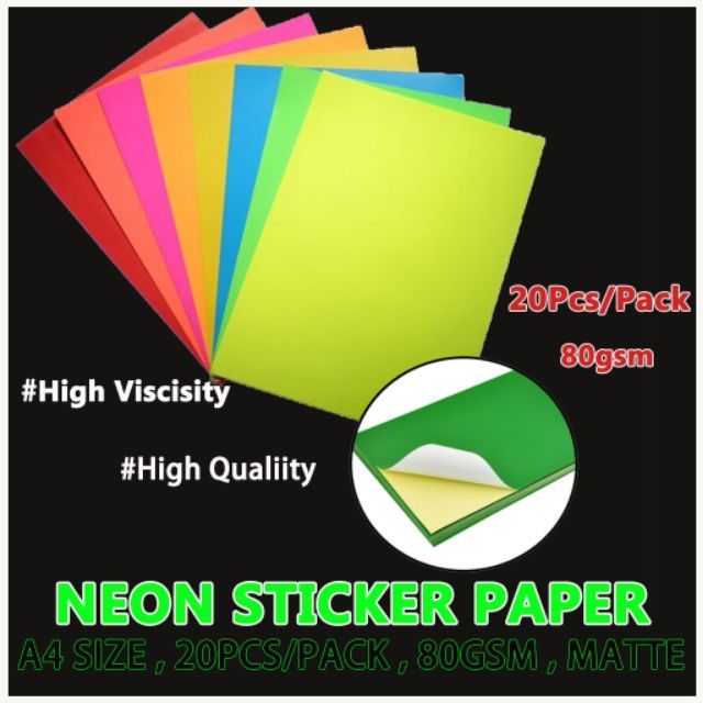 (20pcs) Fluorescent Color Sticker Paper A4/80gsm/matte For Inkjet
