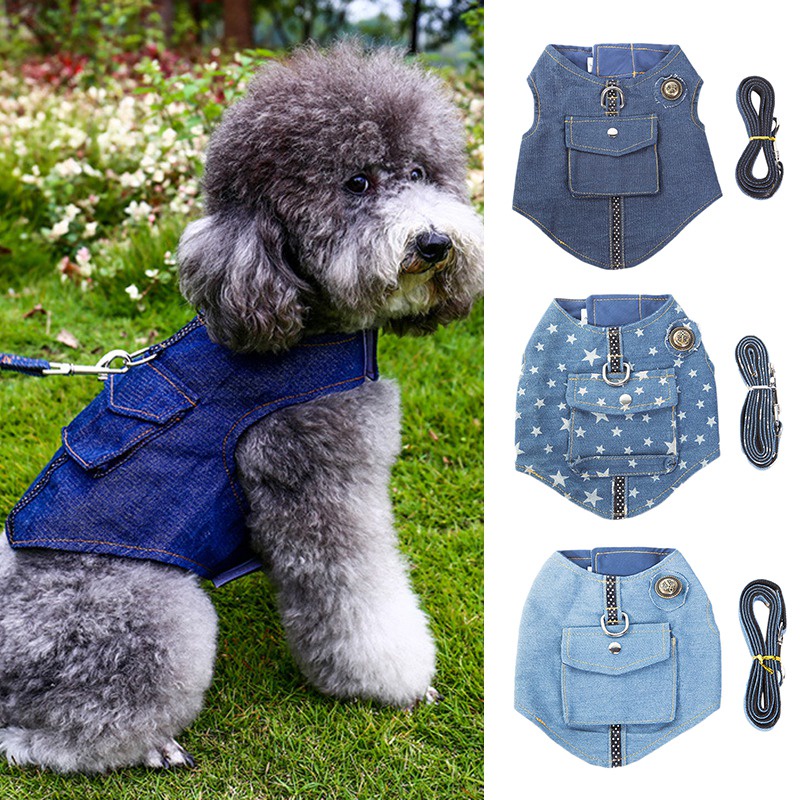 cat jeans jacket harness vest with matching lead leash set