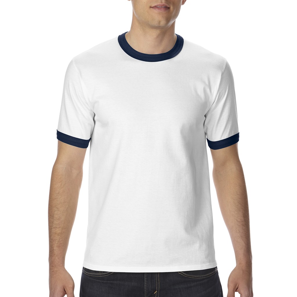 Gildan Premium Cotton Ringer T-Shirt (White / Navy) | Shopee Philippines
