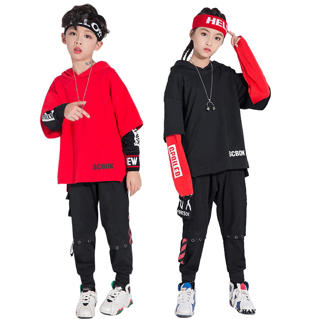 2Pcs Boys Girls Hip Hop Clothing Set Letter Print Red Black Street Dance  Costume Long Sleeve Hoodie Tops Jogger Pants Suit | Shopee Philippines