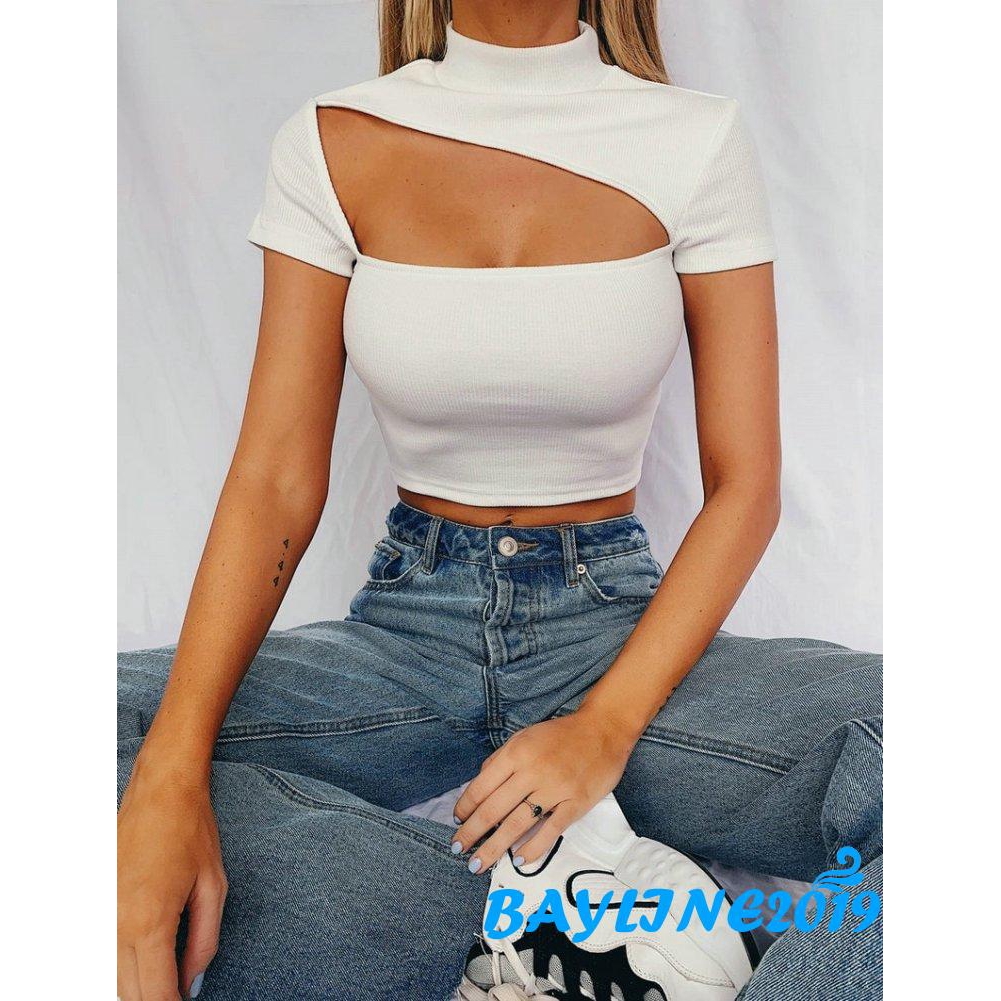 Download ℳay-Women Sexy Cut Out Mock Neck Short Sleeve Slim Knit T ...