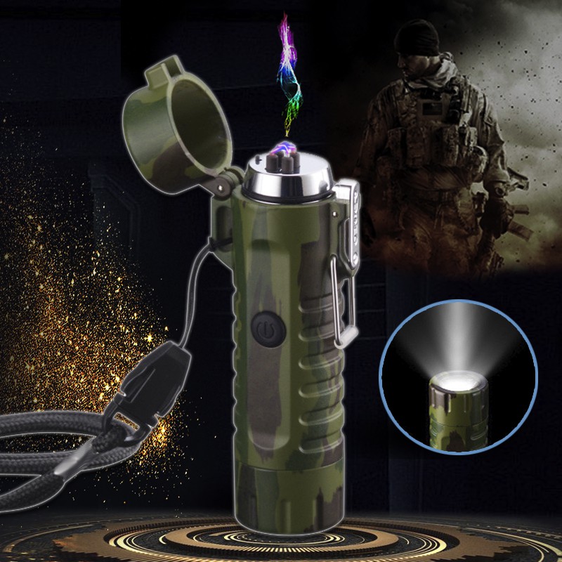 Green Flashlight Lighter Outdoor Waterproof Dual Arc Lighter Camouflage