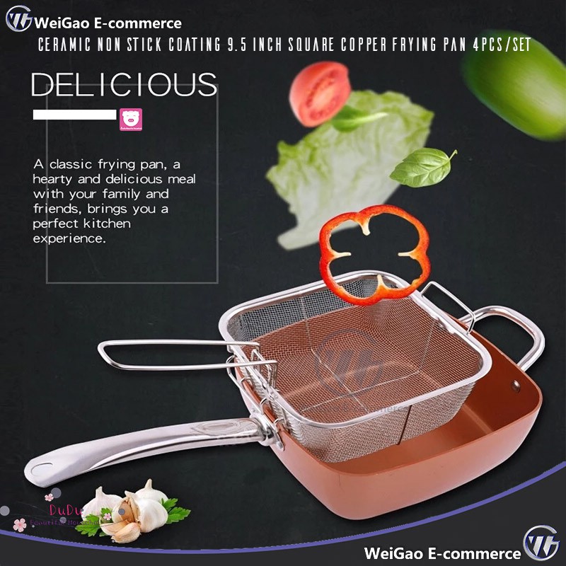 Copper NonStick Square Fry Pan 9" Ceramic Frying Skillet Induction Cookware Chef 