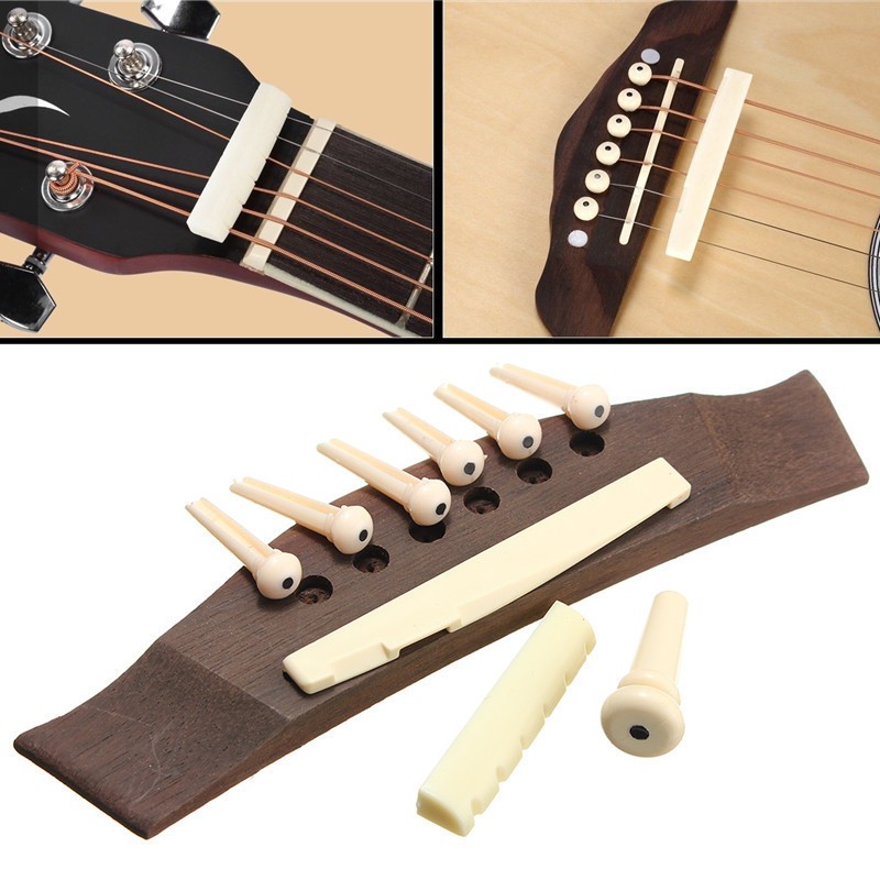 XtremeAmazing 6 String Acoustic Guitar Bone Bridge Saddle and Slotted Nut Parts with 6Pcs Rosewood Guitar Bridge Pins Set 