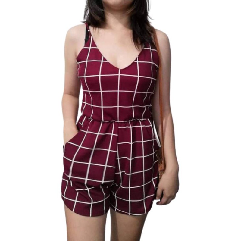Plaid sleeveless pocket romper Shopee Philippines