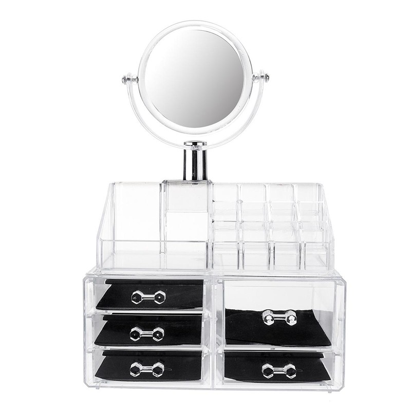 Large Mirror Clear Cosmetic Organizer Box Storage Drawer Desk
