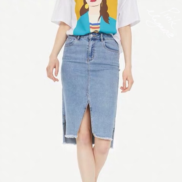 stretch midi denim skirt