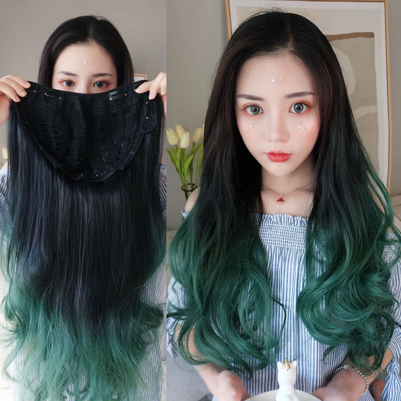 Wig Peacock Green U Type Semi Hooded Wig Female Long Curl