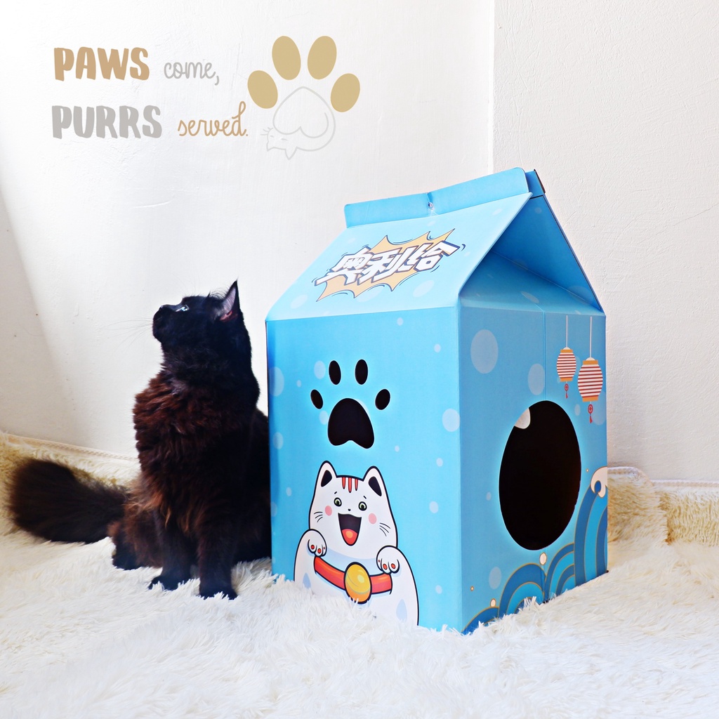 [21] Blue Lucky Cat Scratchpad House Milk Carton Box Cute Modern Pad
