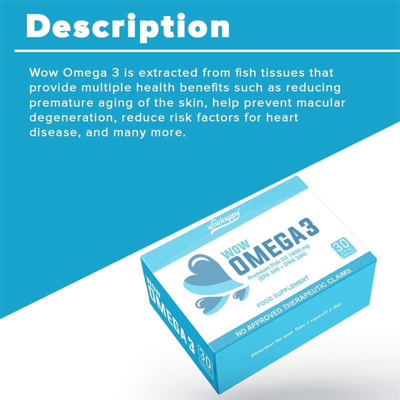 Wow Omega-3 Fish oil 1000 mg Triple Strength Capsules for healthy Heart, Eyes & Joints - 30 caps