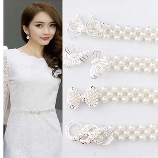 Women Ladies pearls Crystal beads chain belt stretchy flower buckle waistband