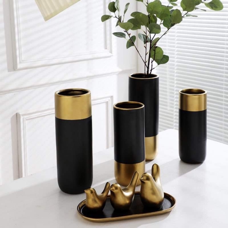 HLM MATTE BLACK VASE WITH GOLD ACCENT SET Shopee Philippines