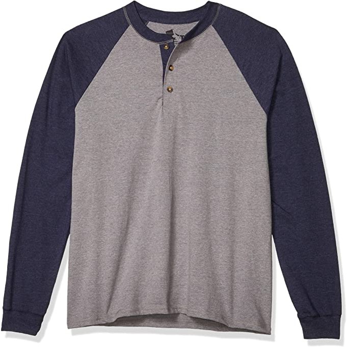 HANES Mens Long Sleeve Beefy Henley Shirt Large (Oxford Gray/Navy