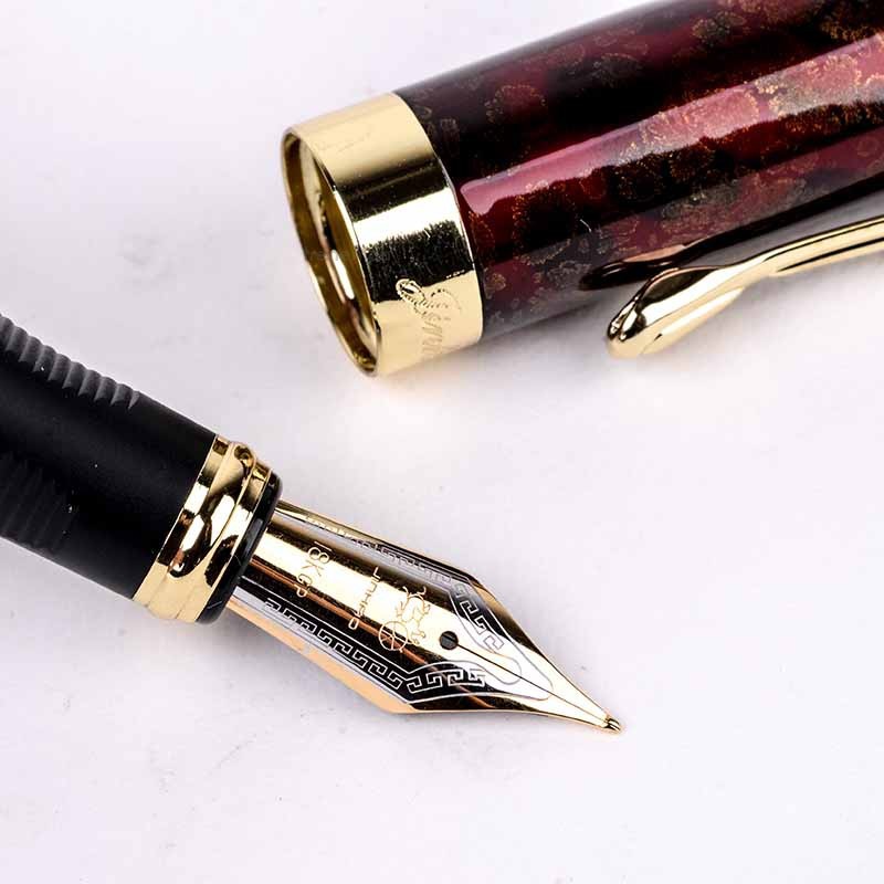 Jinhao Red Wooden With Rotten Carving Flower Fountain Pen Medium Nib Writing 