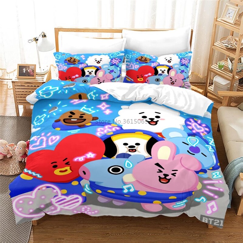Attracktive character twin bed Korean Cartoon Bt21 Character Duvet Cover Set With Pillowcase Bed Linen 3d Bedding Sets Twin Full Shopee Philippines