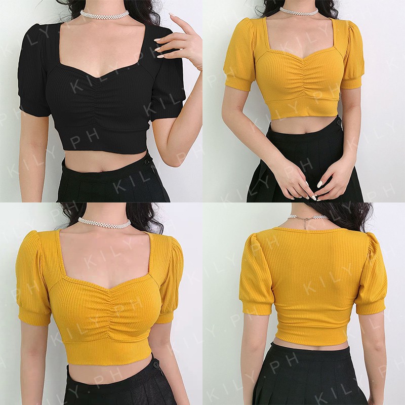 Kily.PH Crop Top for Women Cinched Cut V-neck Knitted Tops Basic Shirt ...