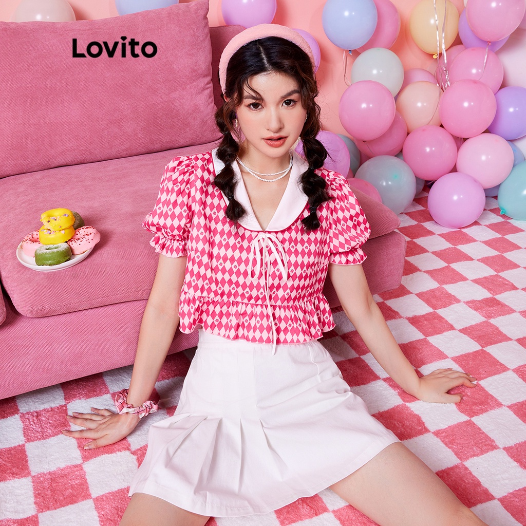 113xj Lovito Exclusive Dopamine Girls Preppy Geometric Puff Sleeve Ruffle Hem Blouse L28ae022 8630