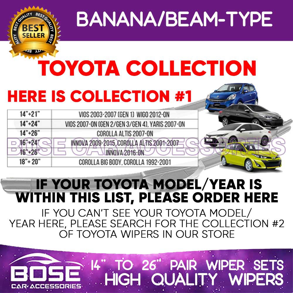 Toyota Cars Banana Type Front Wiper Blade Collection #1 for Wigo Vios Yaris Innova Corolla Altis ...