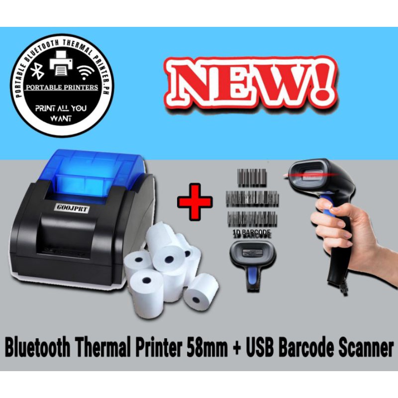 Mobile Bluetooth+USB Thermal Receipt Printer 58mm JP58H + 1D USB Barcode Scanner Shopee