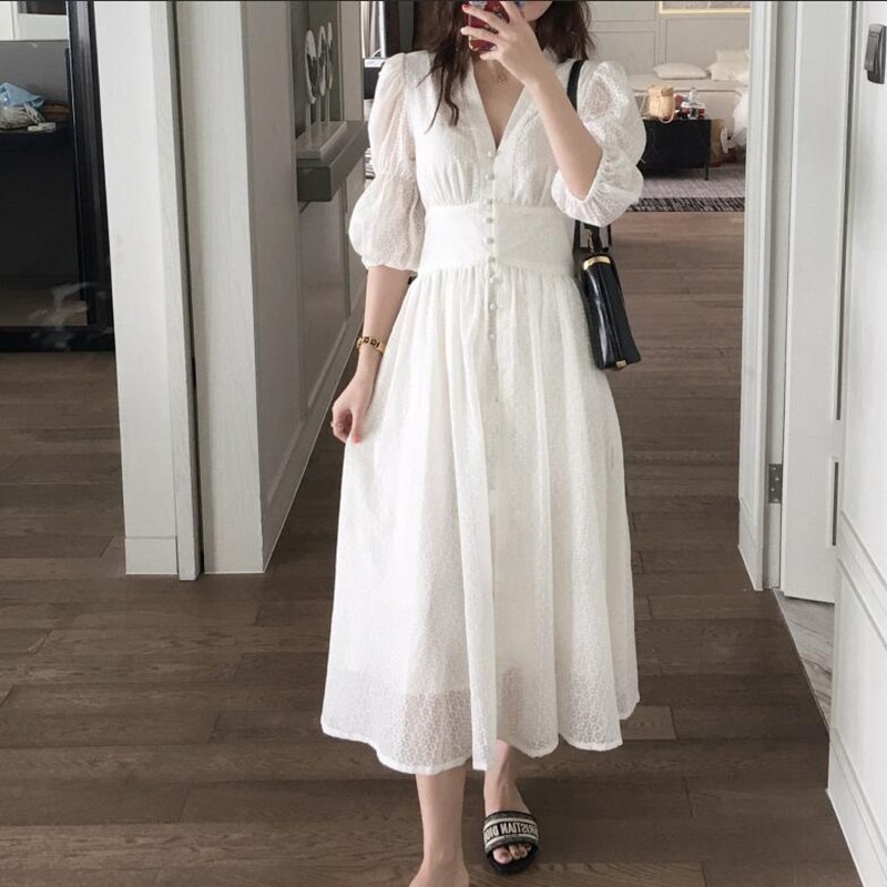 white puff long sleeve dress