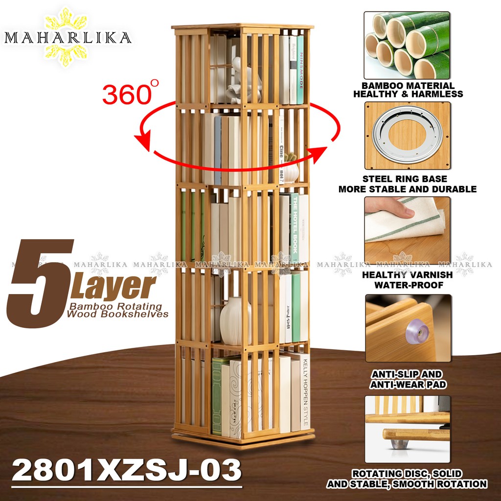 Maharlika QYSR2801 5 Layer Bamboo Bookshelf 360 degrees rotating