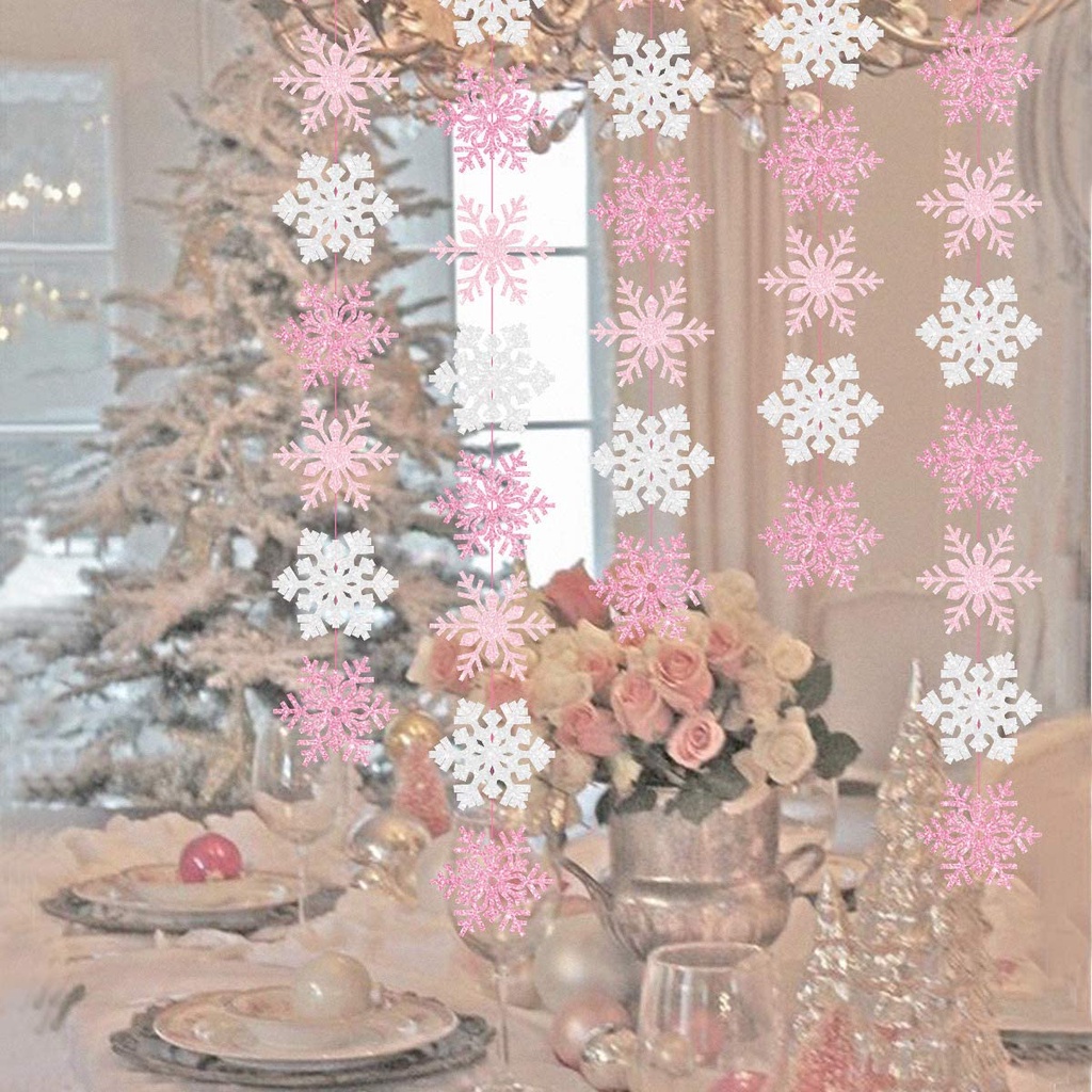 JOYMEMO 2 Pack Snowflake Banner Garland Ornaments Decorations Pink & White for Christmas Party Girls Winter Wonderland Birthday Baby Shower, Holiday Home Table Decor