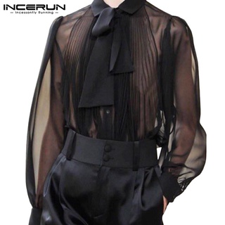 INCERUN Men Black Fashion Mesh See Through Long Sleeves Lapel With Tie Shirt