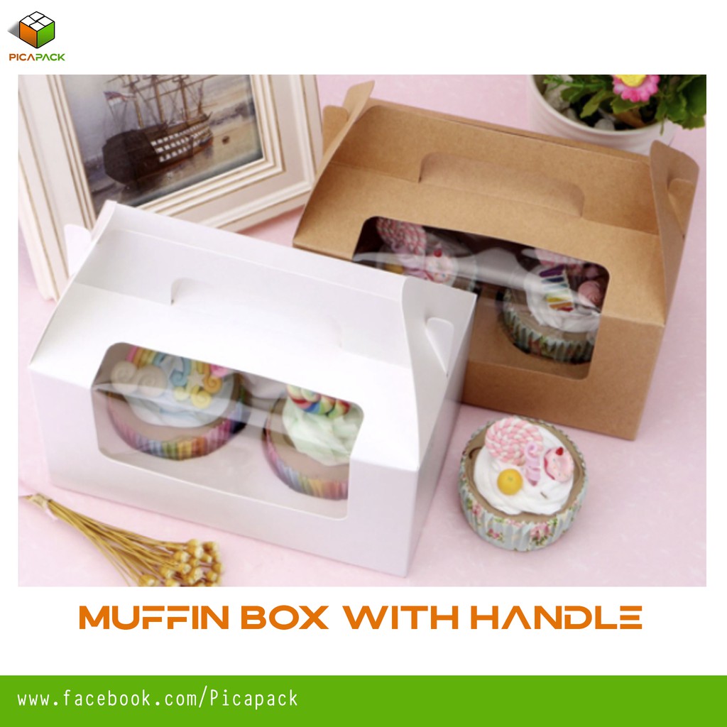 Kraft Brown or White Cupcake Box Muffin Box with Handle / Donut Box