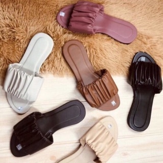 Trendy Flats Crumpled Strap Plain Marikina Inspired Sandals (add 1 size )
