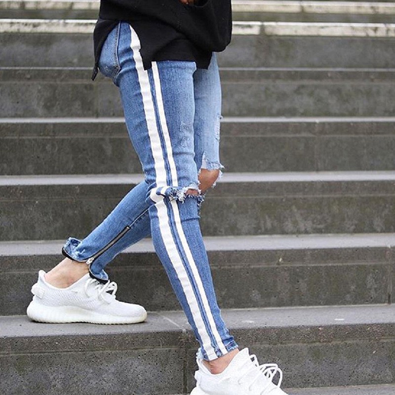 mens ripped jeans with side stripe