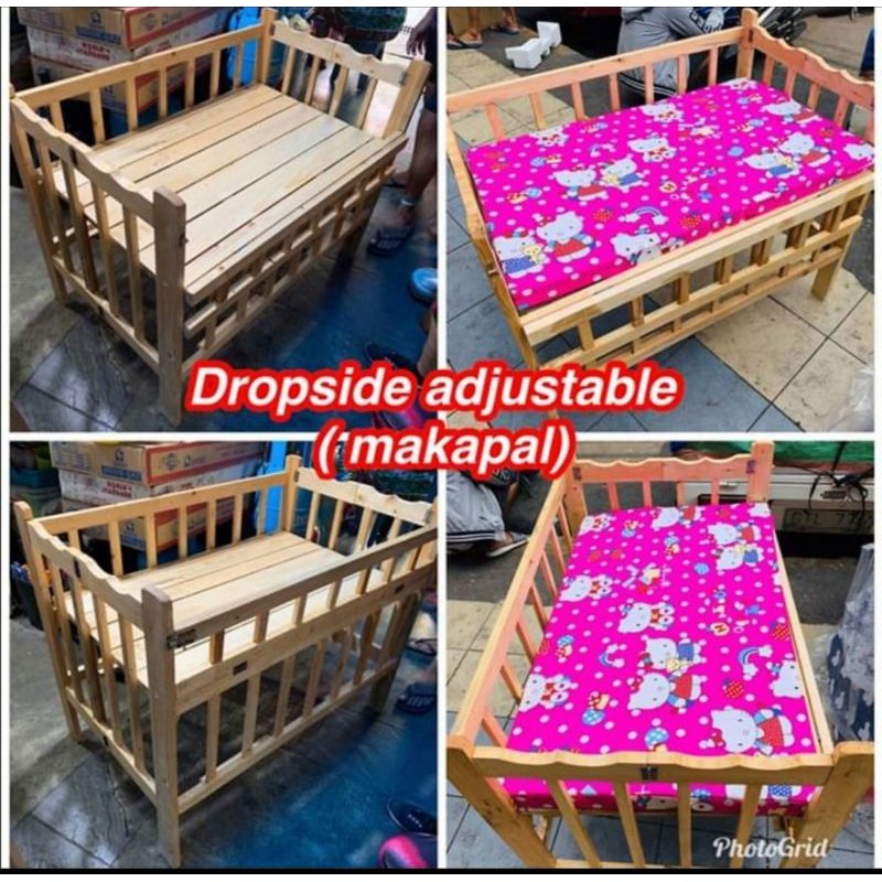 Wooden Crib Adjustable & Dropside with Uratex foam (makapal 22X36