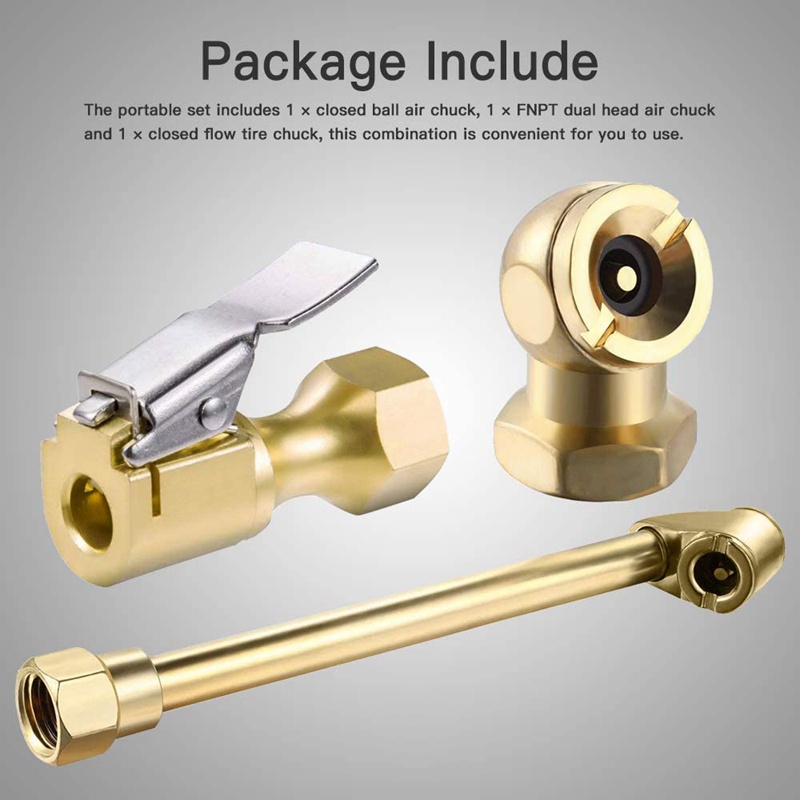 3 Pack Heavy Duty Brass Air Chuck Set, 1/4 Inch Brass Air Chuck for Tire Inflator Gauge Compressor Accessories