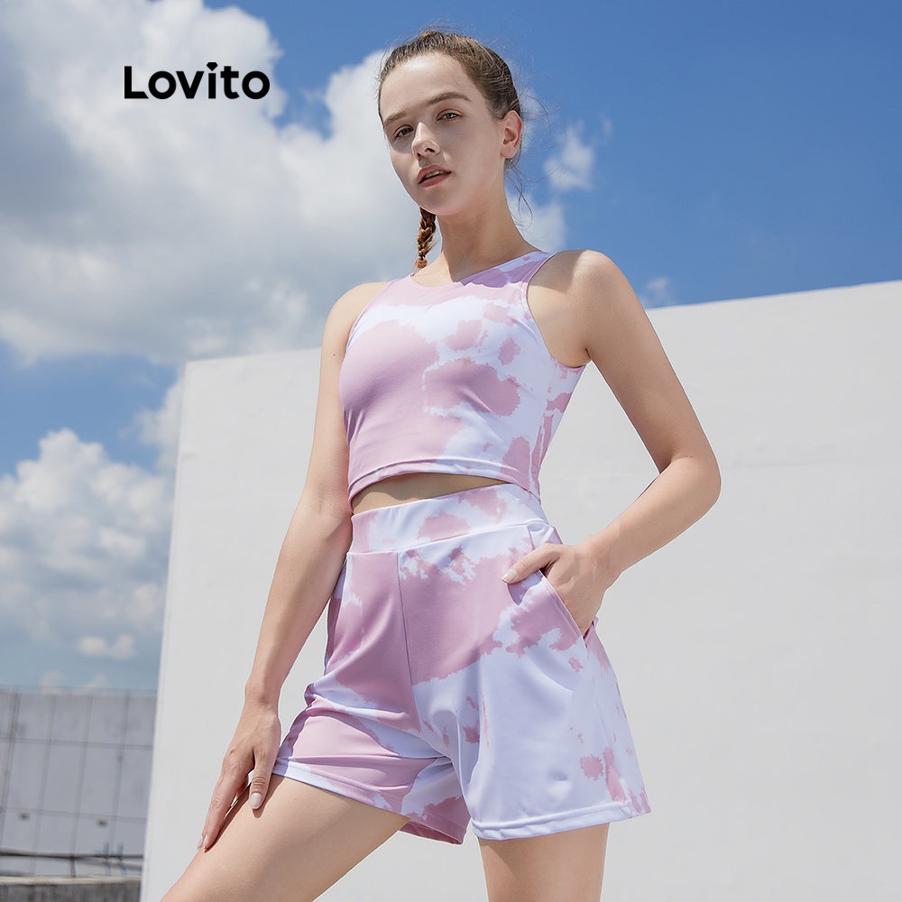 Lovito Sporty Tie Dye Quick-Drying With Removable Pads Bra Shorts Set ...
