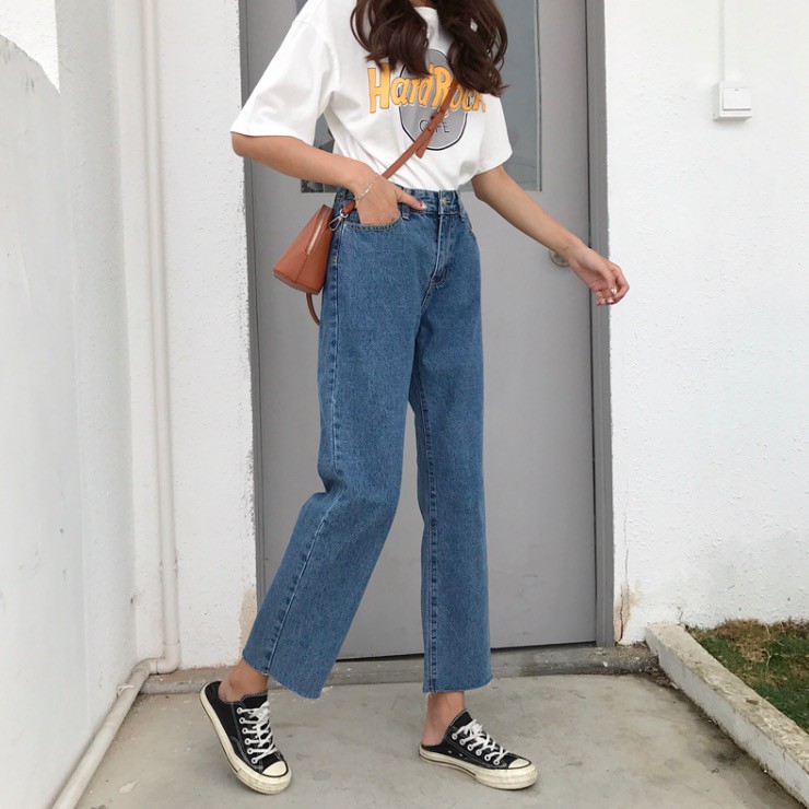 Korea New Loose High Waist Women's Straight Denim Jeans | Shopee ...