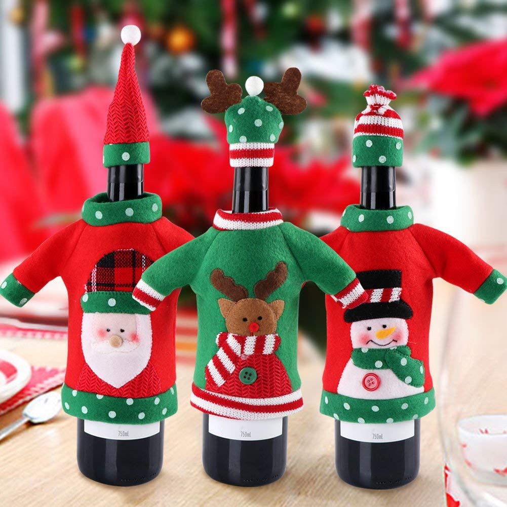 5 Sets Christmas Wine Bottle Cover Sweater Handmade Knit Wine Bottle Dress Snowman Reindeer Christmas Tree Wine Bottle Sleeve for Christmas Xmas Party Ornament Decoration