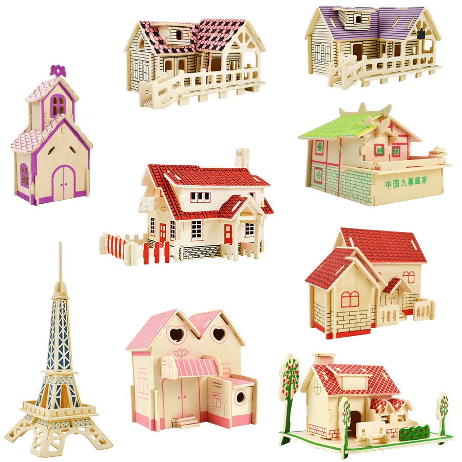 Wooden Toys Puzzles for Children DIY Assemble House Building Wood Model ...
